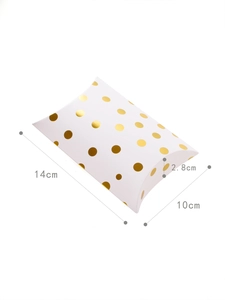 Detail showing gold polka dot pillow box dimensions 14cm length 10cm width 2.8cm height