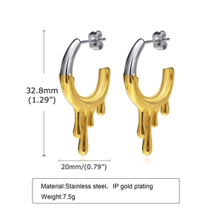Irregular stainless steel two-tone water drop C-shaped hoop earrings for women