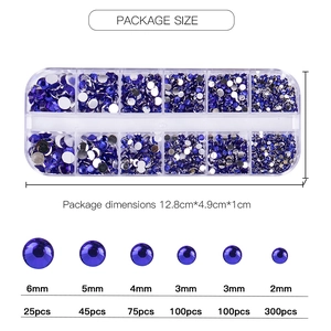 Detailed size chart for blue flatback resin rhinestones in 12-grid storage box