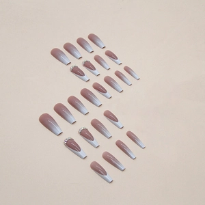 Long coffin ombre nails with gradient blue and silver rhinestones in French design