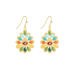 Detail view of colorful evil eye enamel drop earrings with gold hooks and vibrant petals