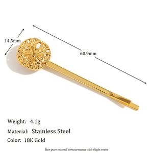 Detailed view of 18K gold plated stainless steel starfish hair clip with measurements