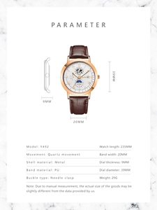 Tabla detallada de especificaciones del reloj con diámetro de esfera y correa de cuero PU marrón