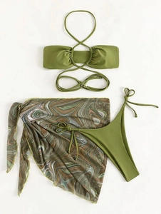Three-piece bikini set with green drawstring top and swirl pattern mesh cover-up
