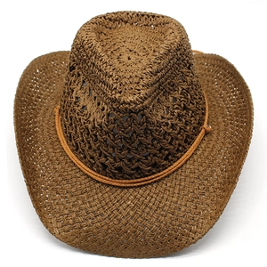 Ethnic hollow-out brown straw western cowboy hat for summer beach and outdoor travel