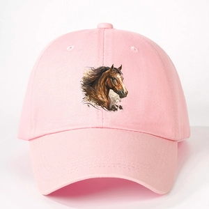 Pink baseball cap featuring a brown horse head print with adjustable six-panel design