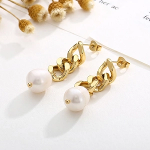 Boucles D'oreilles Pendantes Künstliche Perle Vintage Français Acier Inoxydable Plaqué Or 18K Bijoux Pampille Géométrique Femmes