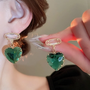 Elegant heart-shaped green crystal drop earrings with pink studs and gold-plated frames