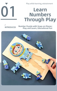 Detail of hand placing numbered wooden astronaut puzzle pieces on base for early learning