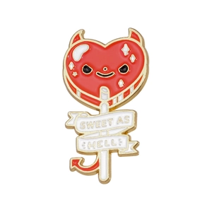 Creative devil heart lollipop enamel pin badge with Sweet As Hell text banner