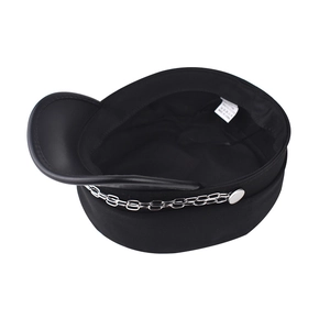 Detail view of black PU leather military cap featuring silver chain and interior washing label
