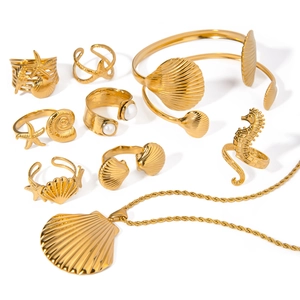 Parure bijoux océan en acier inoxydable doré 18k avec bagues coquillage et bracelet