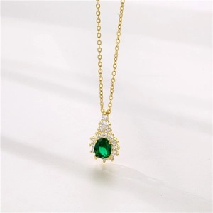 Gold stainless steel necklace with green oval crystal pendant and zircon stones