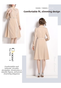 Detail of apricot long-sleeve A-line dress with woven texture and waist belt detail