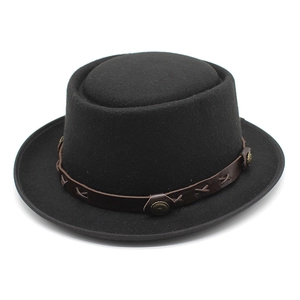 Classic black wool pork pie hat with dark brown leather band and metallic buckle detail