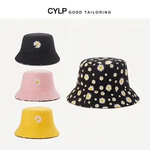 Summer cotton bucket hats with daisy embroidery in black, pink, yellow and floral print