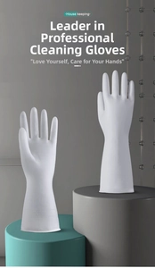 Modern white rubber cleaning gloves shown vertically on minimalist display pedestals