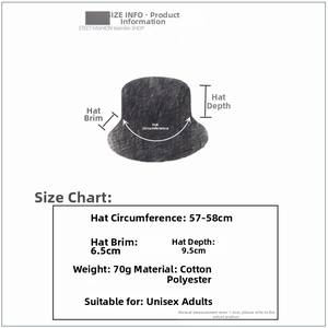 Size chart showing 57-58cm circumference and 6.5cm brim for the reversible bucket hat