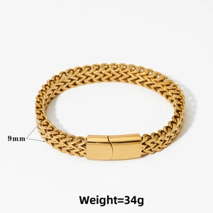 Detail of 9mm gold stainless steel cuban chain bracelet showing width and secure buckle