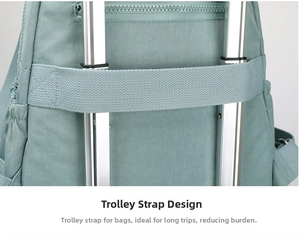 Detail of light green backpack with back sleeve for secure luggage handle attachment
