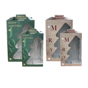 Christmas tree shaped window gift boxes in green and khaki colors with handle
