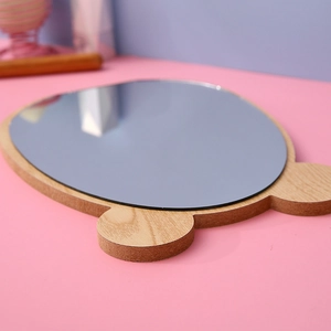 Cute bear-shaped wooden desktop vanity mirror with round glass and light wood grain frame
