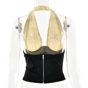 Rear view of elegant halter neck top with black cinched waist and silver back zipper