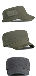 Detalle de gorras militares de secado rápido en verde y gris con paneles de malla transpirable