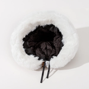 Winter faux fur bucket hat in white with warm black quilted lining and adjustable drawstring