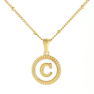 Detail of 18K gold stainless steel necklace with mother-of-pearl C-letter pendant