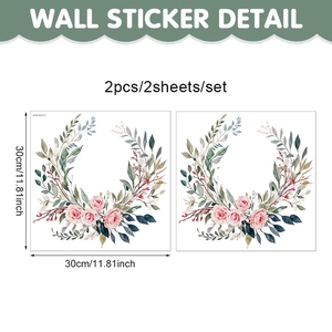 Set of 2 watercolor pink rose wreath wall stickers for laundry room home decor