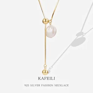 Artificial Baroque Pearl Lariat Necklace 925 Sterling Silver Long Adjustable Sweater Chain Minimalist Geometric Jewelry For Women