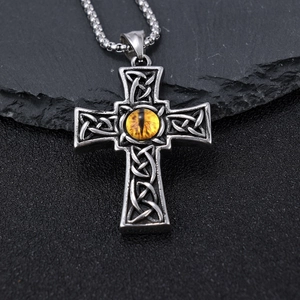 Retro Celtic knot cross pendant necklace with yellow evil eye on dark rock base