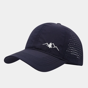 Navy blue quick-dry outdoor baseball cap with laser-cut holes and mountain embroidery