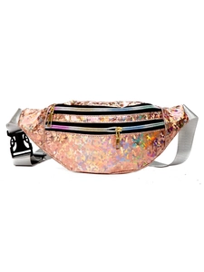 Sac banane laser holographique rose avec bandoulière réglable et plusieurs zips de rangement