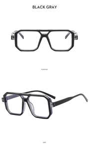 Front and side views of black gray aviator glasses with double bridge and metal hinges