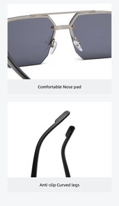 Detail of silver square aviator sunglasses with soft nose pads and anti-slip curved legs