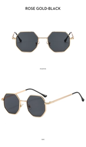 Detail of rose gold polygonal sunglasses with black lenses shown from front and side angles