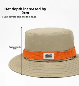 Detail of khaki sun hat with 9cm deep crown and orange decorative NGSHE strap