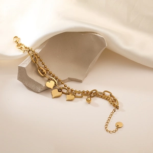 18K gold plated double layer stainless steel heart pendant bracelet for women