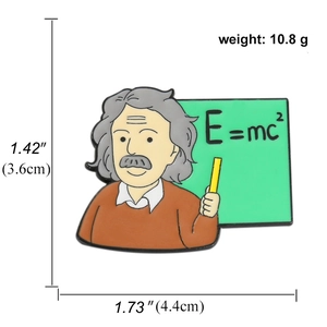 Albert Einstein enamel pin holding a pointer by a green E=mc2 blackboard badge