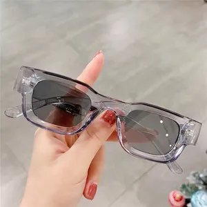 Modern rectangular polarized sunglasses with transparent grey frame and dark grey lenses