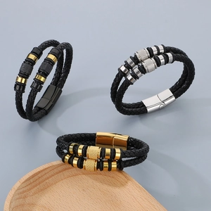 Bracelets multicouches en cuir tressé pour hommes en or, argent et noir avec fermoir magnétique