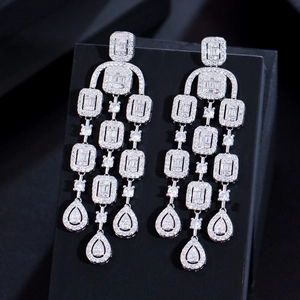 Luxury Copper Zirconia Tassel Dangle Earrings For Women With 925 Sterling Silver Earring Post Full Rhinestone Elegant Party Jewelry