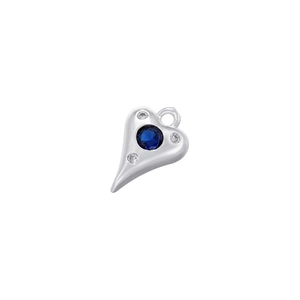 Detailed close-up of a silver heart pendant with a blue gemstone and zircons