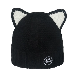 Winter black knit hat with white cat ears and CAT FORTON label for women