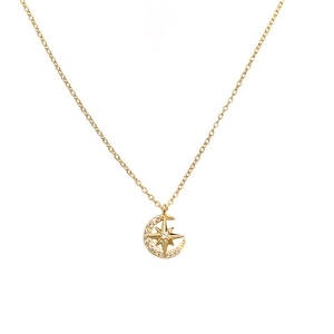 Elegante collar de plata S925 dorada con un colgante de luna creciente y estrella con circonios