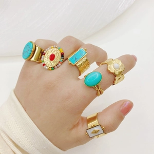 Vintage Bohemian Stainless Steel Ring 14K Gold Plated Turquoise Shell Adjustable Open Ring For Women Geometric Flower Jewelry