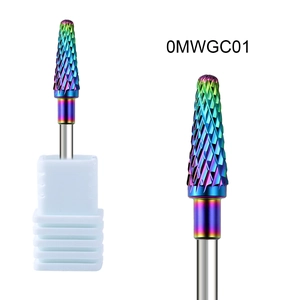 Macro detail of rainbow plated carbide nail drill bit showing sharp cutting texture