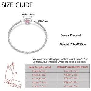 Detailed size guide for silver-plated bracelet showing measurements and wrist chart